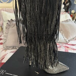 Black Fringe Silver Heeled Boots